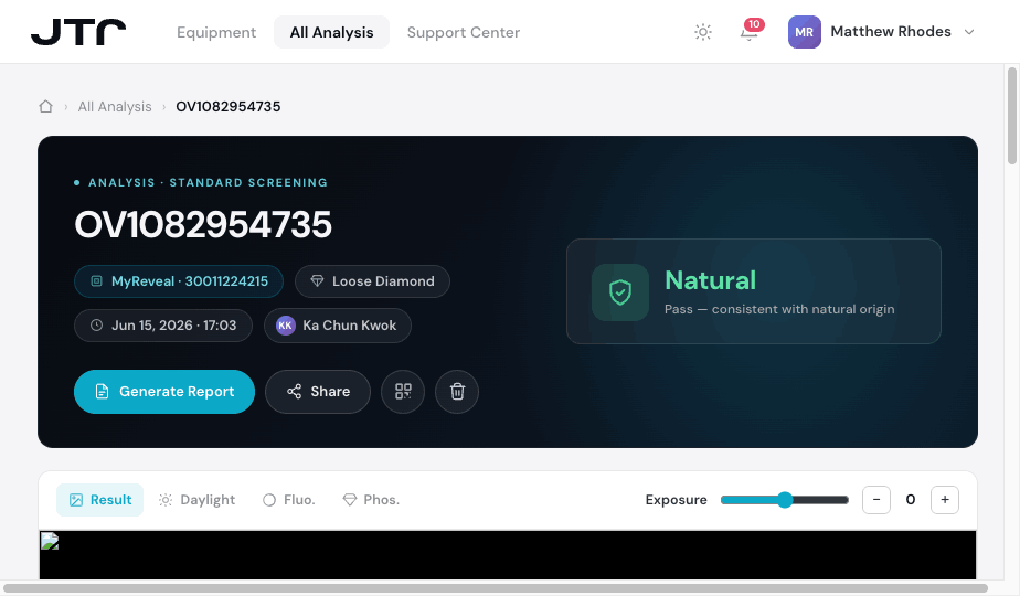 my.jtr — analysis detail with result and report actions