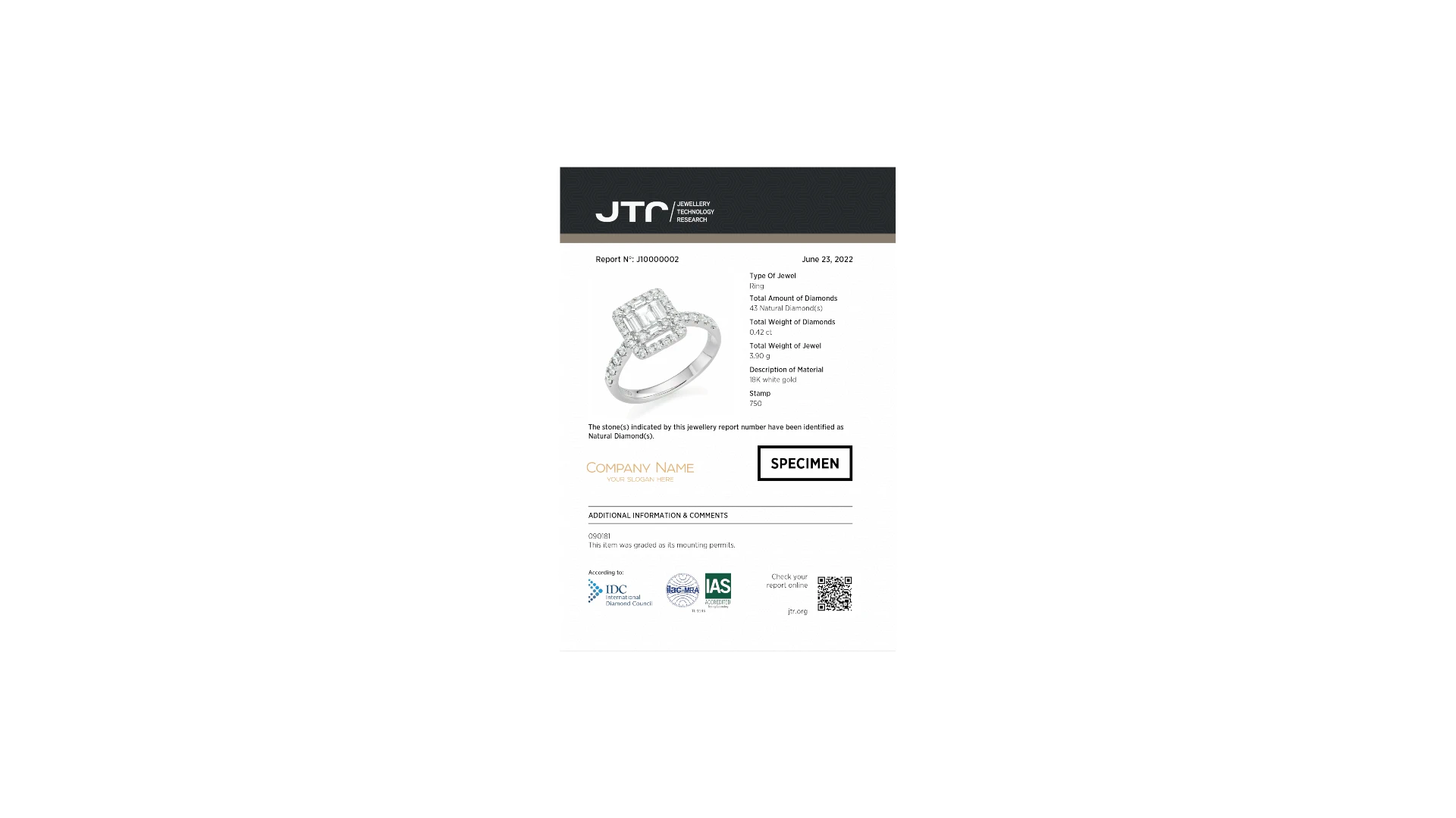 Jewellery Authenticity Report, unfolded