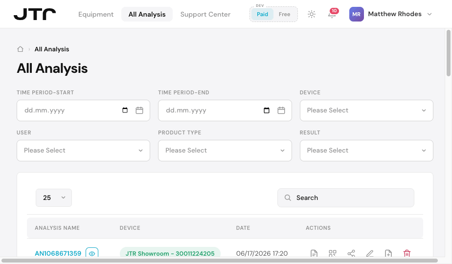 my.jtr — all analyses, filterable and searchable
